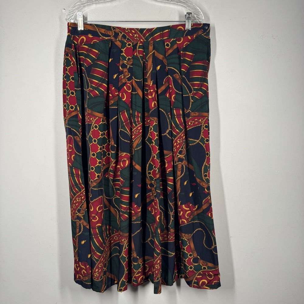 Vintage TanJay Pleated Equestrian Horse Bridle Print Maxi Skirt Women's Sz 16